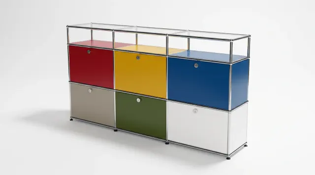 Sideboard in multiple colours, compatible with USM Haller – 1500 × 875 × 350 mm, 9 compartments, 6 drop-down doors, with glass – photorealistic preview