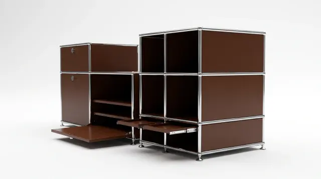Sideboard in USM brown, compatible with USM Haller – 1695 × 550 × 500 mm, 10 compartments, 1 drop-down door, 1 pull-out shelf – photorealistic preview