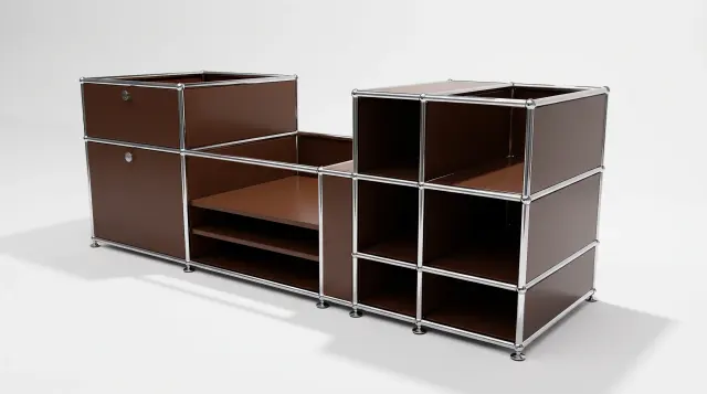 Sideboard in USM brown, compatible with USM Haller – 1695 × 550 × 500 mm, 10 compartments, 1 drop-down door, 1 pull-out shelf – photorealistic preview