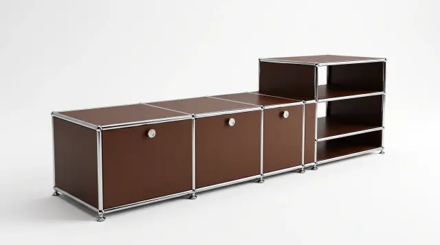 Sideboard in USM brown, compatible with USM Haller – 1795 × 550 × 500 mm, 7 compartments, 3 drop-down doors – photorealistic preview