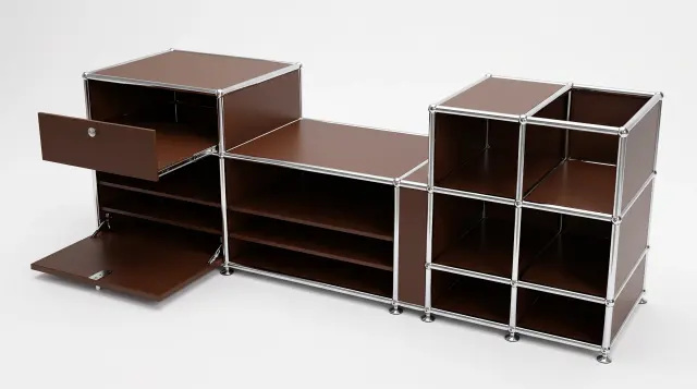 Sideboard in USM brown, compatible with USM Haller – 1695 × 550 × 500 mm, 10 compartments, 1 drop-down door, 1 pull-out shelf – photorealistic preview