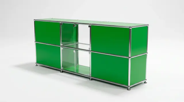 Sideboard in USM green, compatible with USM Haller – 2250 × 550 × 350 mm, 5 compartments, with glass – photorealistic preview
