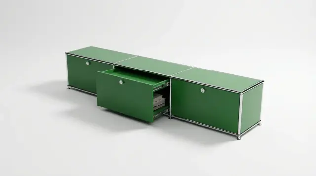 Furniture in USM green, compatible with USM Haller – photorealistic preview