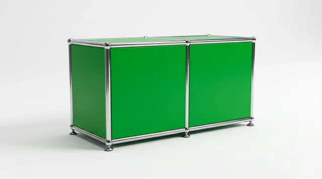 Sideboard in USM green, compatible with USM Haller – 1500 × 350 × 350 mm, 2 compartments – photorealistic preview