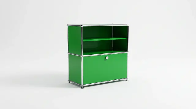 Sideboard in USM green, compatible with USM Haller – 750 × 700 × 395 mm, 2 compartments, 1 drop-down door – photorealistic preview