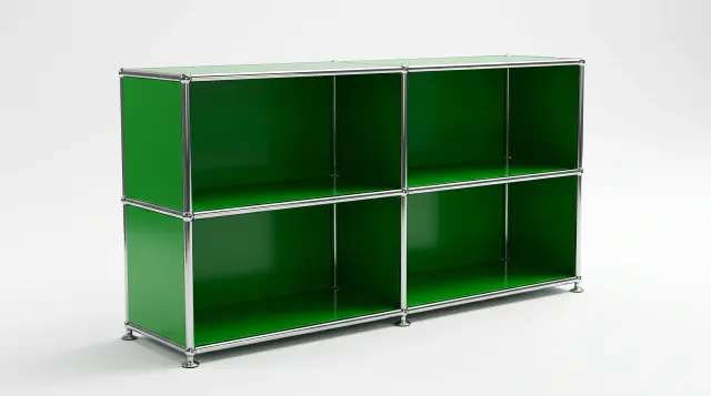 Sideboard in USM Grün, kompatibel mit USM Haller – 1500 × 700 × 500 mm, 4 Fächer – fotorealistische Vorschau