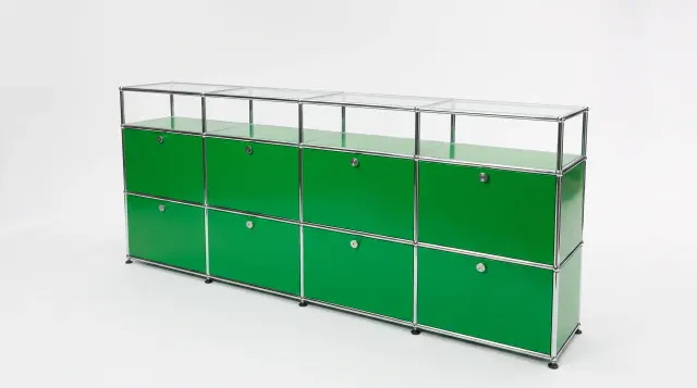Sideboard in USM green, compatible with USM Haller – 2000 × 875 × 350 mm, 12 compartments, 8 drop-down doors, with glass – photorealistic preview