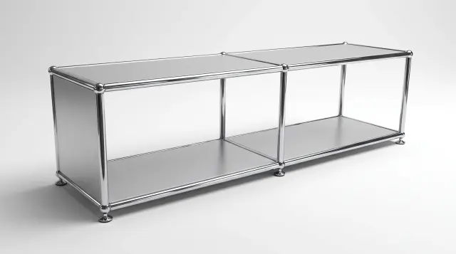 Sideboard in USM matt silver, compatible with USM Haller – 1500 × 350 × 350 mm, 2 compartments – photorealistic preview