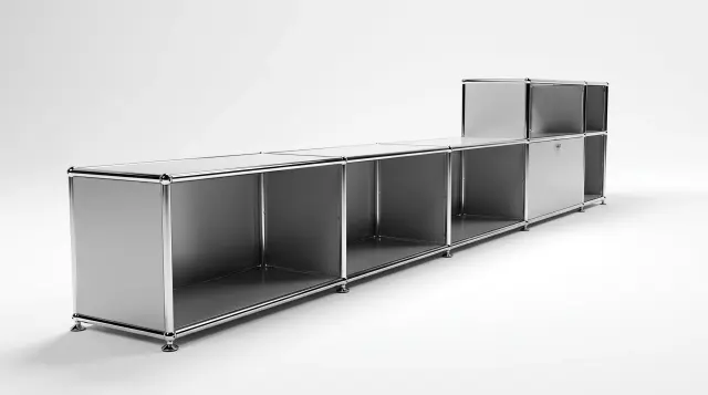 Sideboard in USM matt silver, compatible with USM Haller – 3350 × 625 × 350 mm, 7 compartments, 1 drop-down door – photorealistic preview
