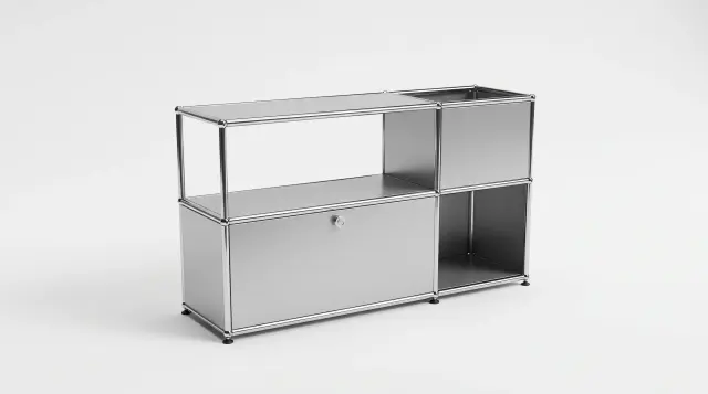 Sideboard in USM matt silver, compatible with USM Haller – 1100 × 625 × 350 mm, 4 compartments, 1 drop-down door – photorealistic preview