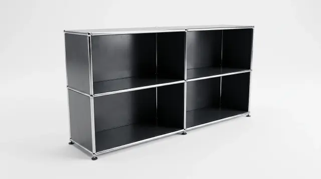 Sideboard in coloured metal, compatible with USM Haller – 1500 × 700 × 350 mm, 4 compartments – photorealistic preview
