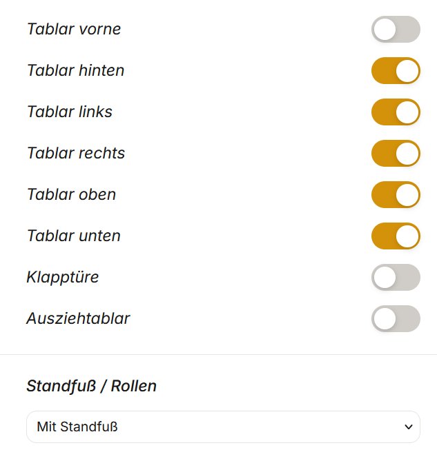 USM Haller Configurator - shelves, drop-down doors and foot options