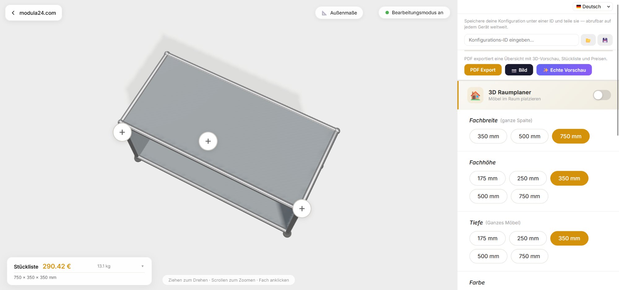 USM Haller 3D Configurator - overview with cell width, height and parts list