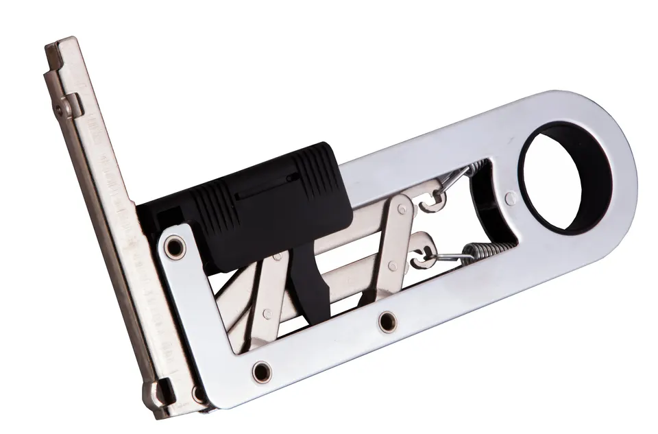 Single spring hinge in polished steel for drop-down doors – compatible with USM Haller