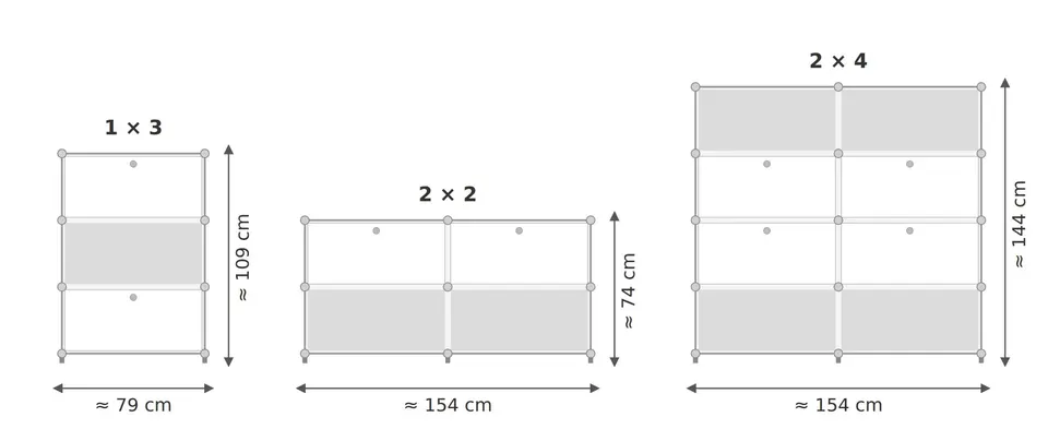 Maßzeichnung Flurmöbel kompatibel mit USM Haller: 1 × 3 (ca. 79 × 109 cm), 2 × 2 (ca. 154 × 74 cm), 2 × 4 (ca. 154 × 144 cm)