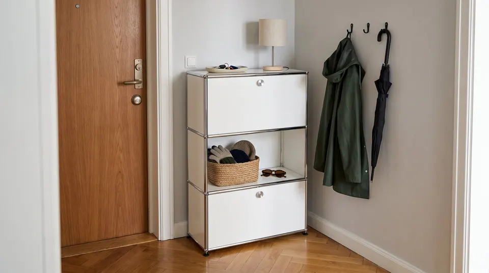 Schmaler weißer Flurschrank 1 × 3 kompatibel mit USM Haller neben der Wohnungstür, mittleres Fach offen mit Korb für Mützen und Handschuhe