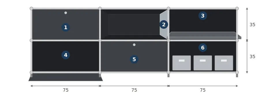 Aperçu des équipements : 1 porte abattante, 2 tablette intérieure (cloison), 3 tablette coulissante, 4 porte ouverte, 5 porte avec serrure, 6 case ouverte avec boîtes ; trame 75 × 35 cm