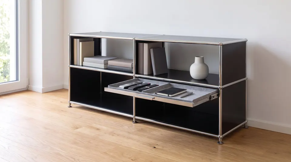 Buffet noir compatible USM Haller avec tablette coulissante (tiroir) sortie pour télécommandes et carnet, dans un salon