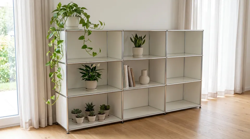 Scaffale aperto 3 × 3 bianco puro, compatibile con USM Haller, con piante da appartamento su sottovasi vicino alla finestra