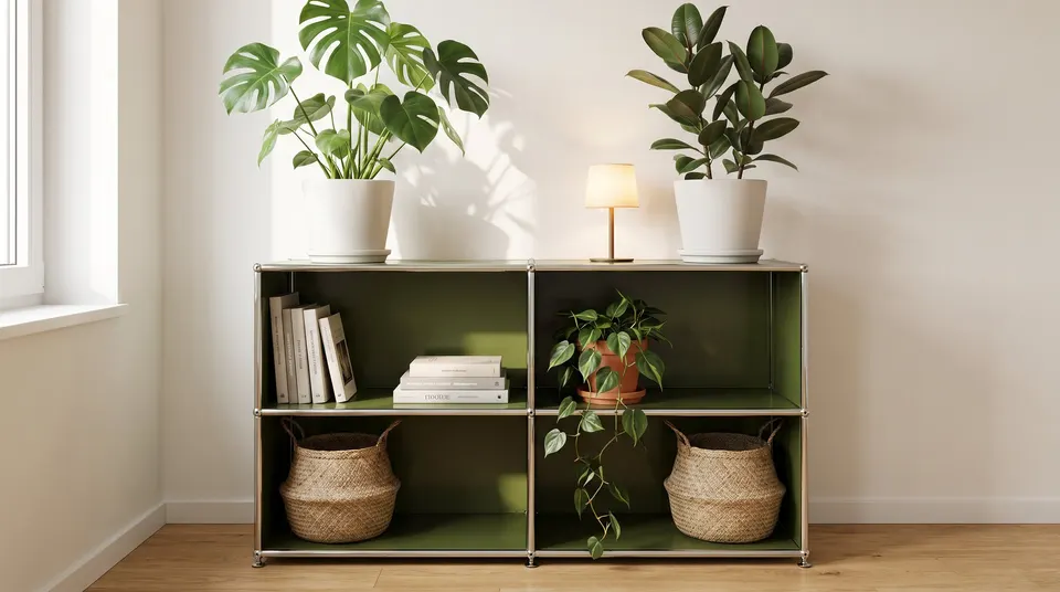 Credenza aperta 2 × 2 verde oliva RAL 6003 con una monstera e un ficus elastica sul piano