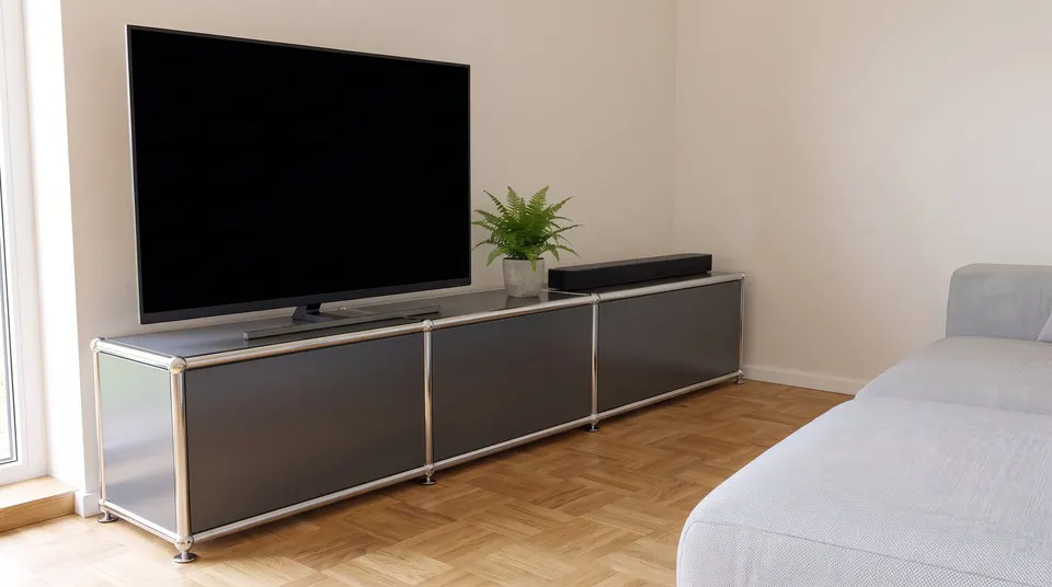 Mobile TV lowboard 3 × 1 grigio antracite con televisore da 75 pollici in soggiorno, compatibile con USM Haller