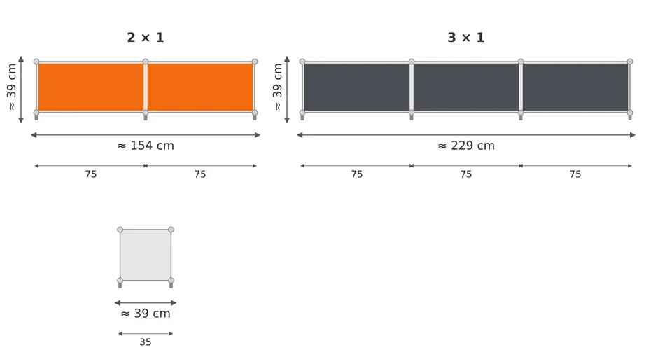 Disegno quotato del mobile TV 2 × 1 (ca. 154 cm) e 3 × 1 (ca. 229 cm), altezza e profondità ca. 39 cm
