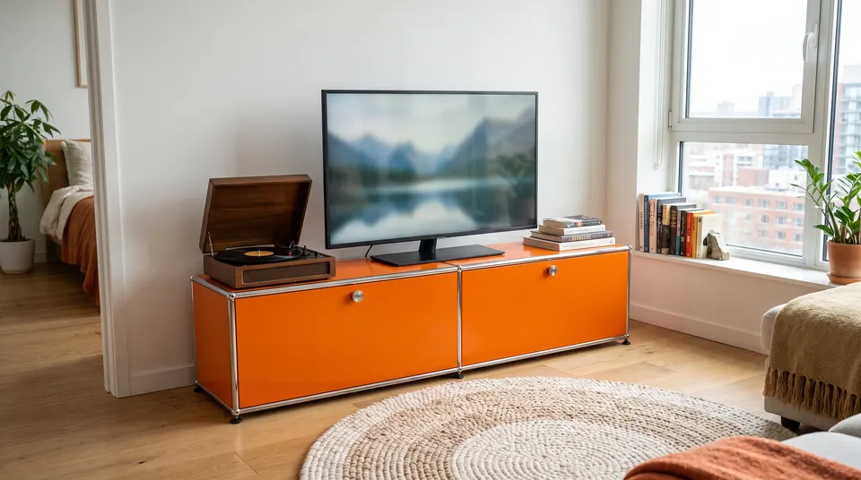 Mobile TV lowboard 2 × 1 arancione puro con due ante a ribalta e televisore da 55 pollici, compatibile con USM Haller